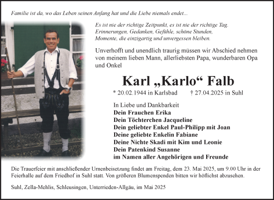 Traueranzeige von Karl Falb von Südthüringer Presse
