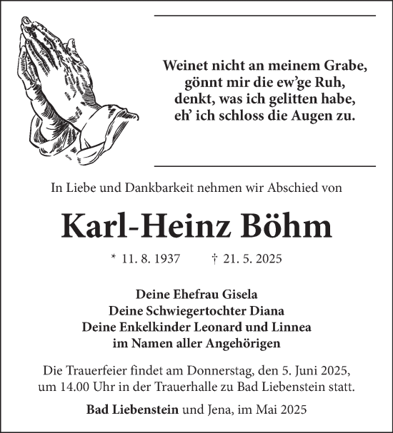 Traueranzeige von Karl-Heinz Böhm von Südthüringer Presse
