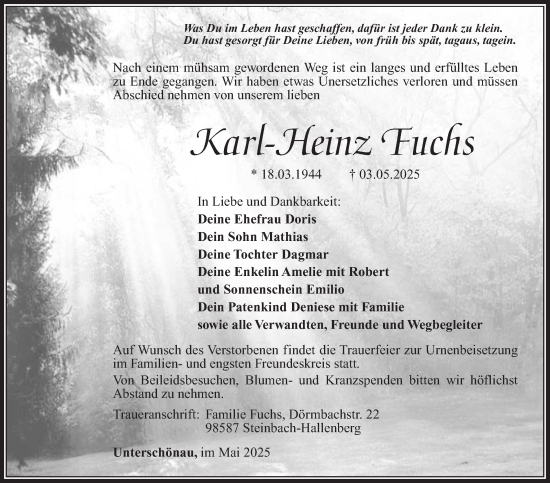 Traueranzeige von Karl-Heinz Fuchs von Südthüringer Presse