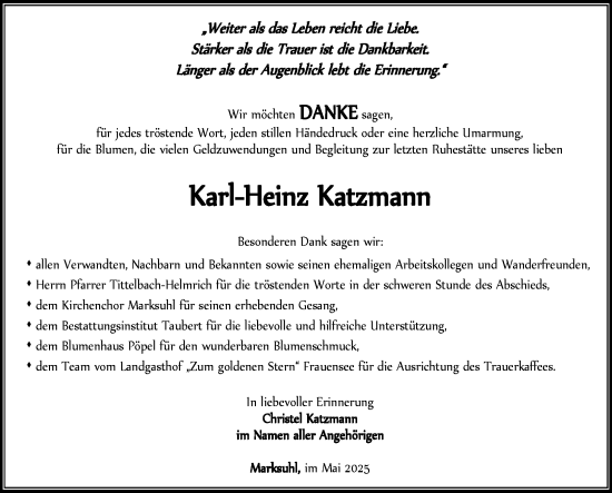 Traueranzeige von Karl-Heinz Katzmann von Südthüringer Presse