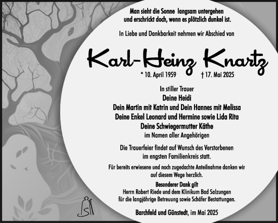 Traueranzeige von Karl-Heinz Knartz von Südthüringer Presse