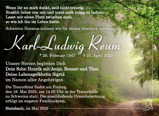 Traueranzeige von Karl-Ludwig Reum von Südthüringer Presse