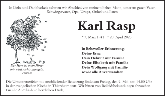 Traueranzeige von Karl Rasp von Frankenpost