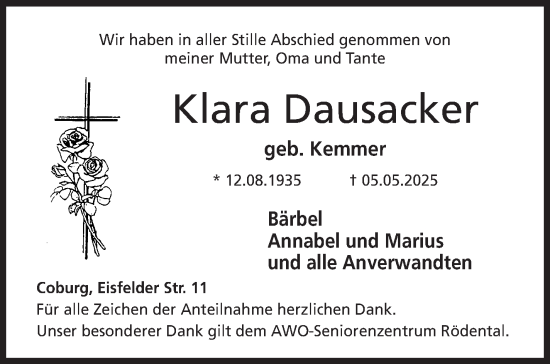 Traueranzeige von Klara Dausacker von Neue Presse Coburg