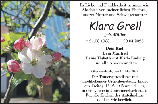 Traueranzeige von Klara Grell von Neue Presse Coburg