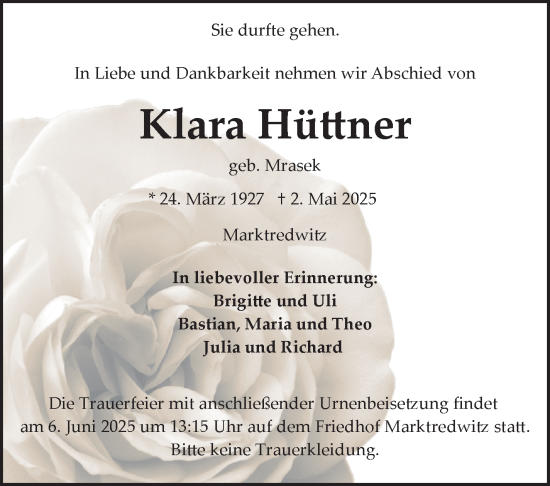 Traueranzeige von Klara Hüttner von Frankenpost