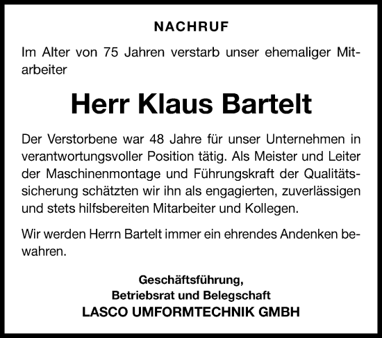 Traueranzeige von Klaus Bartelt von Neue Presse Coburg