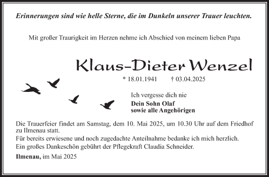 Traueranzeige von Klaus-Dieter Wenzel von Südthüringer Presse