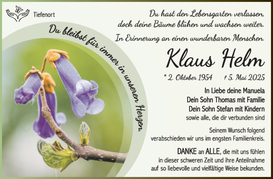 Traueranzeige von Klaus Helm von Südthüringer Presse