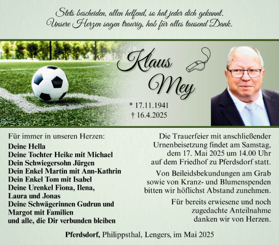 Traueranzeige von Klaus Mey von Südthüringer Presse