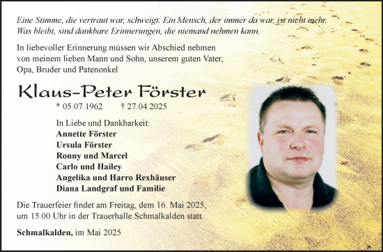 Traueranzeige von Klaus-Peter Förster von Südthüringer Presse
