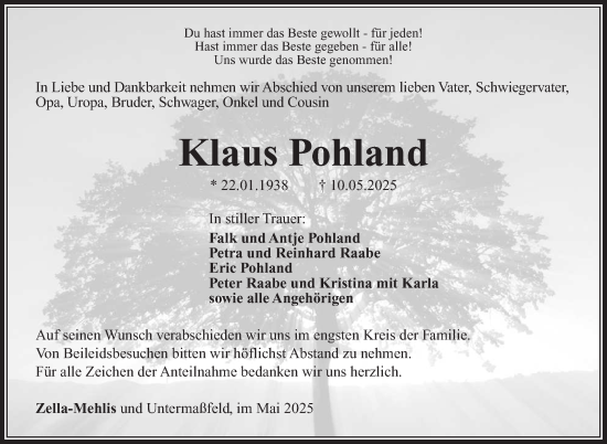 Traueranzeige von Klaus Pohland von Südthüringer Presse