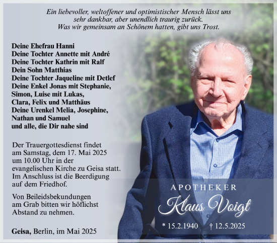 Traueranzeige von Klaus Voigt von Südthüringer Presse