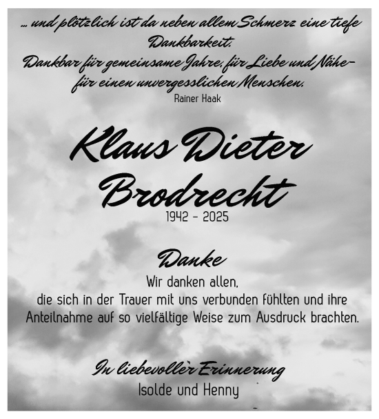 Traueranzeige von Klaus Dieter Brodrecht von Südthüringer Presse