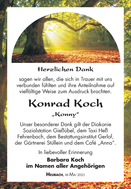 Traueranzeige von Konrad Koch von Südthüringer Presse