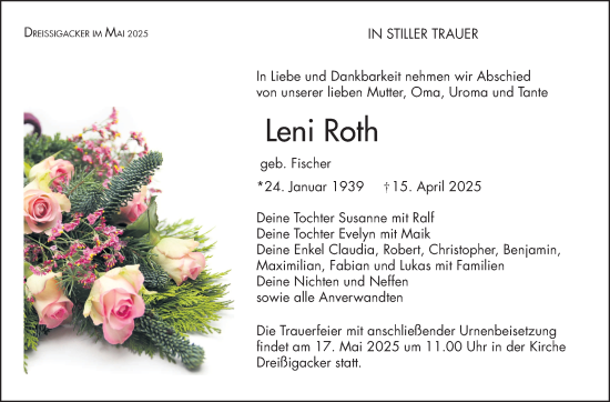 Traueranzeige von Leni Roth von Südthüringer Presse