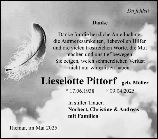 Traueranzeige von Lieselotte Pittorf von Südthüringer Presse