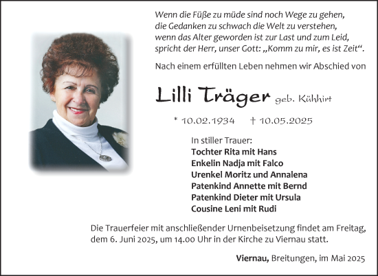 Traueranzeige von Lilli Träger von Südthüringer Presse