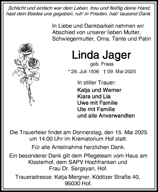 Traueranzeige von Linda Jager von Frankenpost