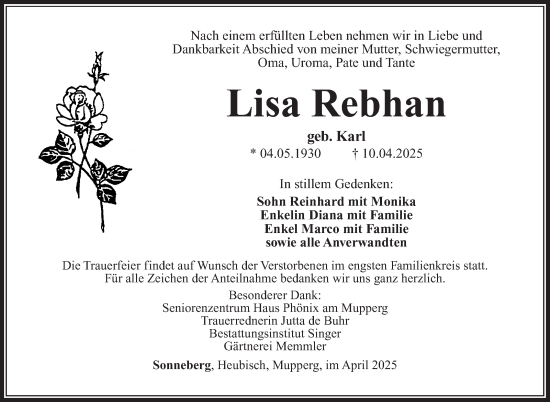 Traueranzeige von Lisa Rebhan von Südthüringer Presse