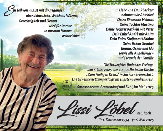 Traueranzeige von Lissi Löbel von Südthüringer Presse