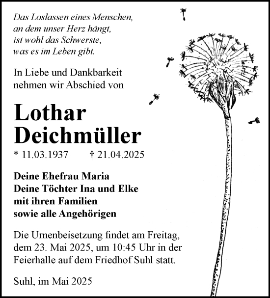 Traueranzeige von Lothar Deichmüller von Südthüringer Presse