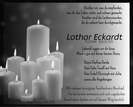 Traueranzeige von Lothar Eckardt von Südthüringer Presse