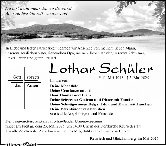 Traueranzeige von Lothar Schüler von Südthüringer Presse