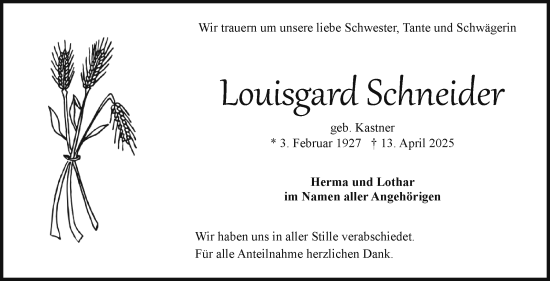 Traueranzeige von Louisgard Schneider von Frankenpost