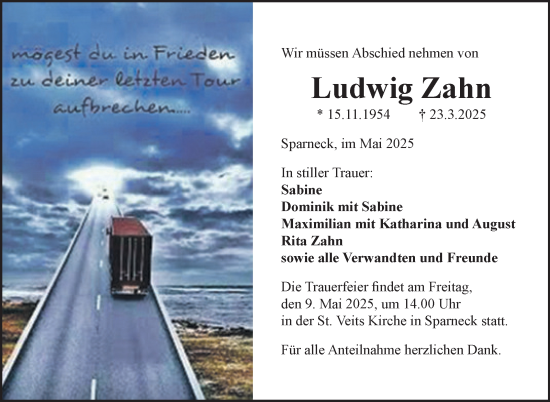 Traueranzeige von Ludwig Zahn von Frankenpost