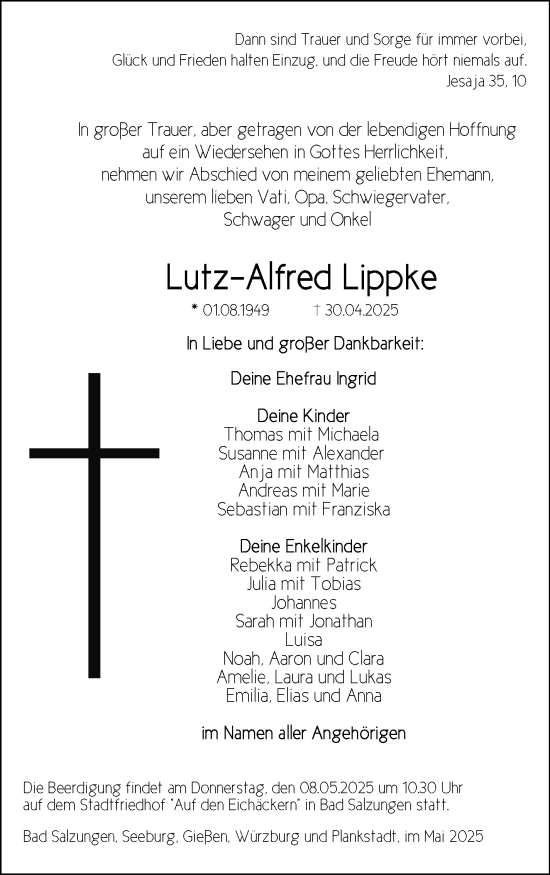 Traueranzeige von Lutz-Alfred Lippke von Südthüringer Presse