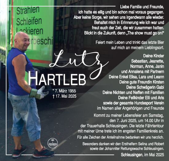 Traueranzeige von Lutz Hartleb von Südthüringer Presse