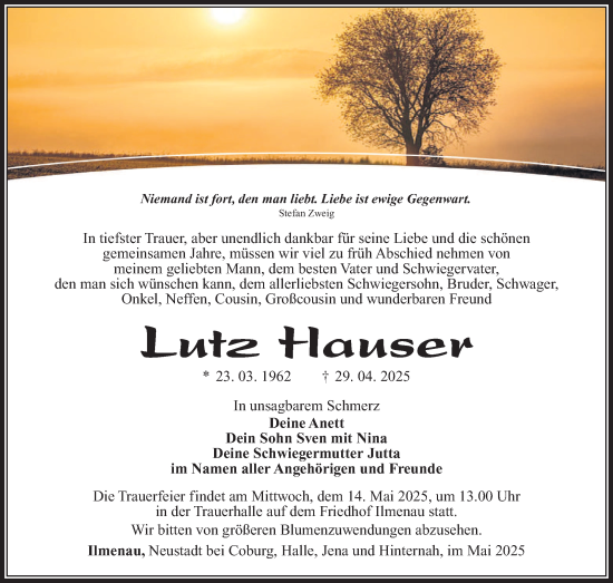 Traueranzeige von Lutz Hauser von Südthüringer Presse