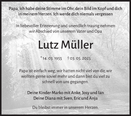 Traueranzeige von Lutz Müller von Südthüringer Presse