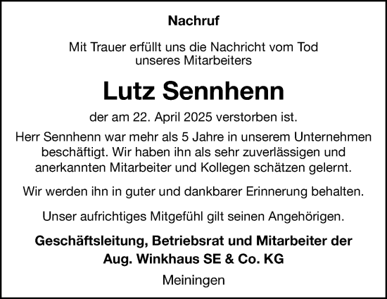 Traueranzeige von Lutz Sennhenn von Südthüringer Presse