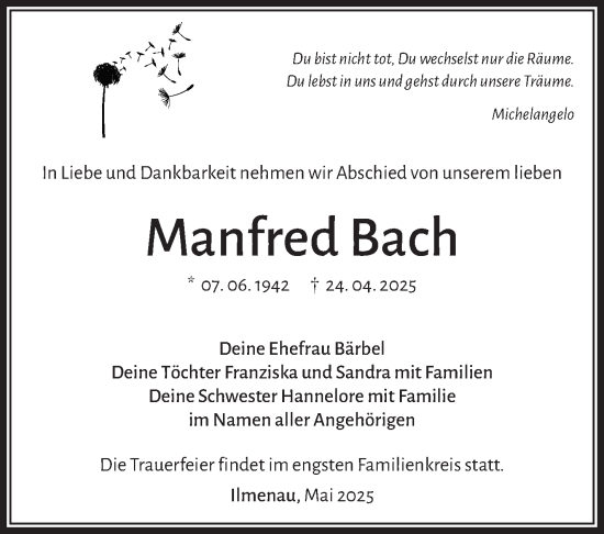 Traueranzeige von Manfred Bach von Südthüringer Presse