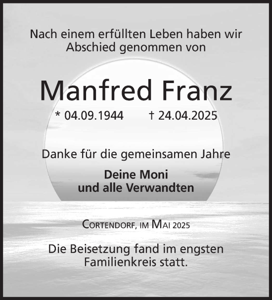 Traueranzeige von Manfred Franz von Neue Presse Coburg