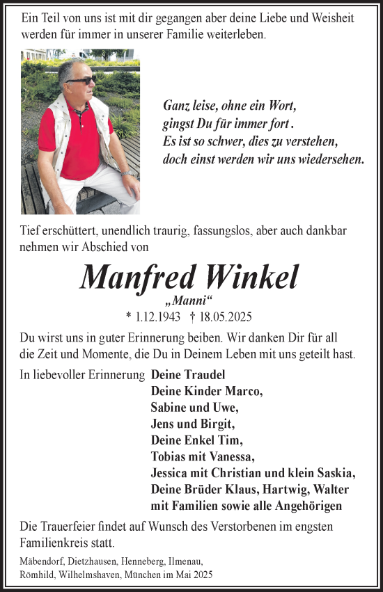 Traueranzeige von Manfred Winkel von Südthüringer Presse