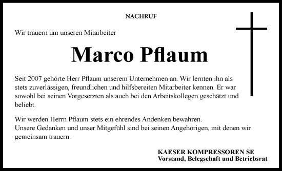 Traueranzeige von Marco Pflaum von Südthüringer Presse