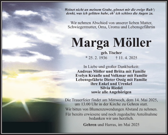 Traueranzeige von Marga Möller von Südthüringer Presse
