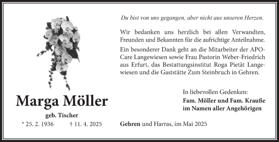 Traueranzeige von Marga Möller von Südthüringer Presse