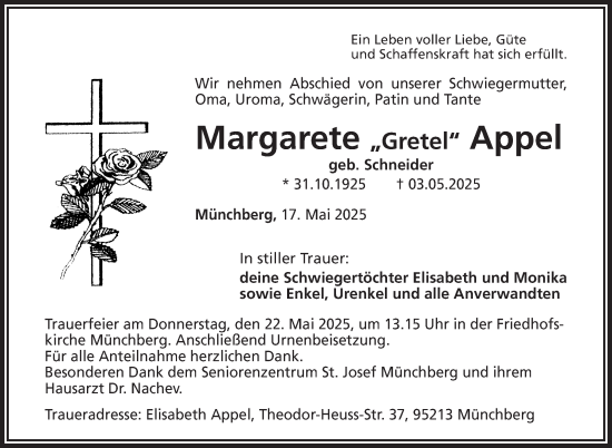 Traueranzeige von Margarete Appel von Frankenpost