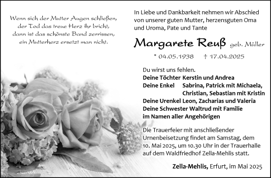 Traueranzeige von Margarete Reuß von Südthüringer Presse