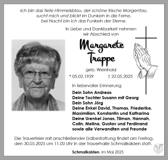 Traueranzeige von Margarete Trappe von Südthüringer Presse