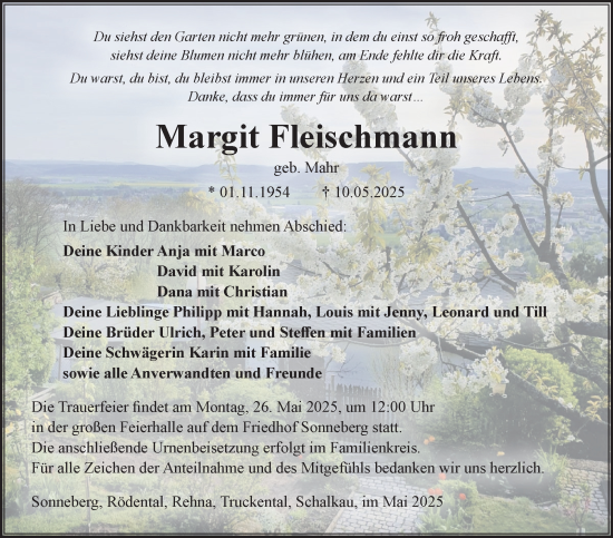 Traueranzeige von Margit Fleischmann von Südthüringer Presse