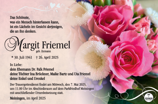 Traueranzeige von Margit Friemel von Südthüringer Presse
