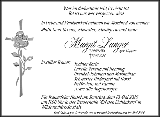 Traueranzeige von Margit Langer von Südthüringer Presse