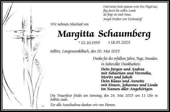 Traueranzeige von Margitta Schaumberg von Frankenpost