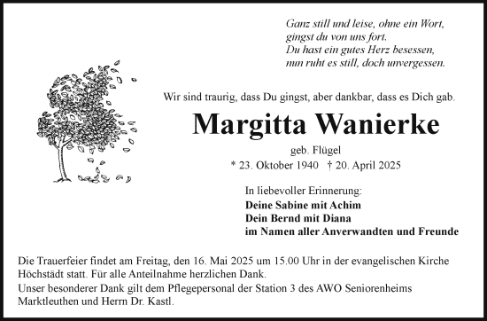 Traueranzeige von Margitta Wanierke von Frankenpost