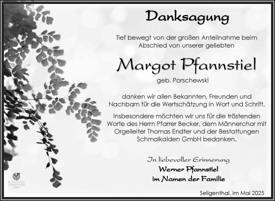 Traueranzeige von Margot Pfannstiel von Südthüringer Presse